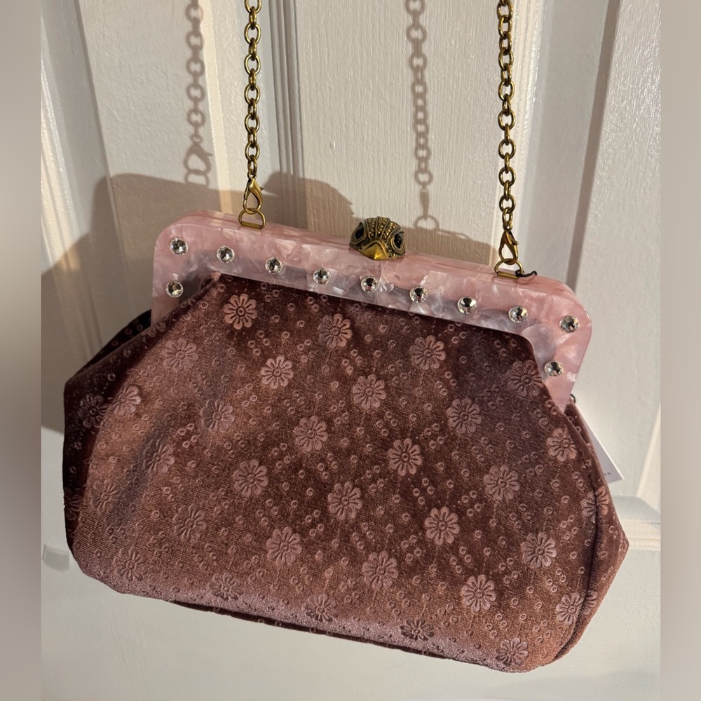 Kurt Geiger London Pink Velvet Frame Purse Clutch Vintage Floral Lace Crossbody
